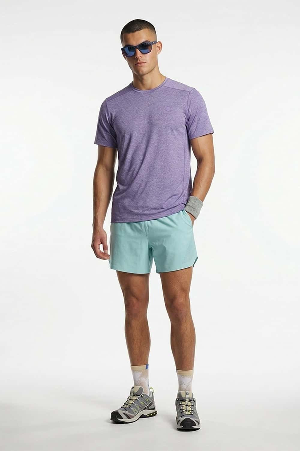 Lightweight Star-Graphic Running T-Shirt in Purple - full-length front modeled view