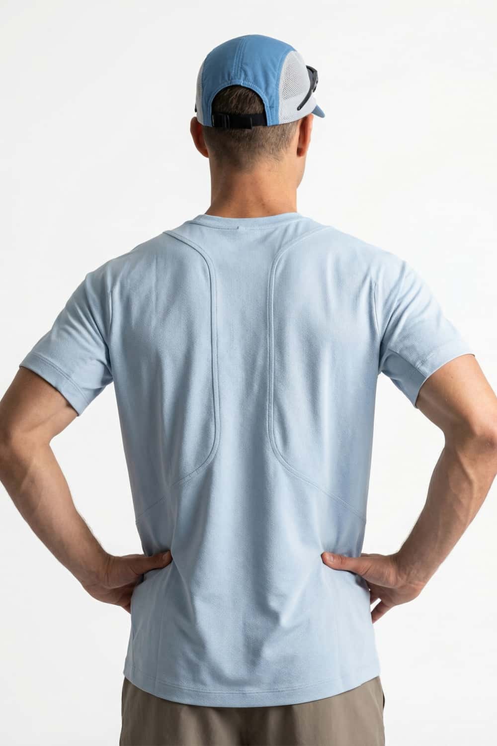 Moisture-Absorbing Quick-Drying Panelled T-Shirt in Baby Blue - full-length back modeled view