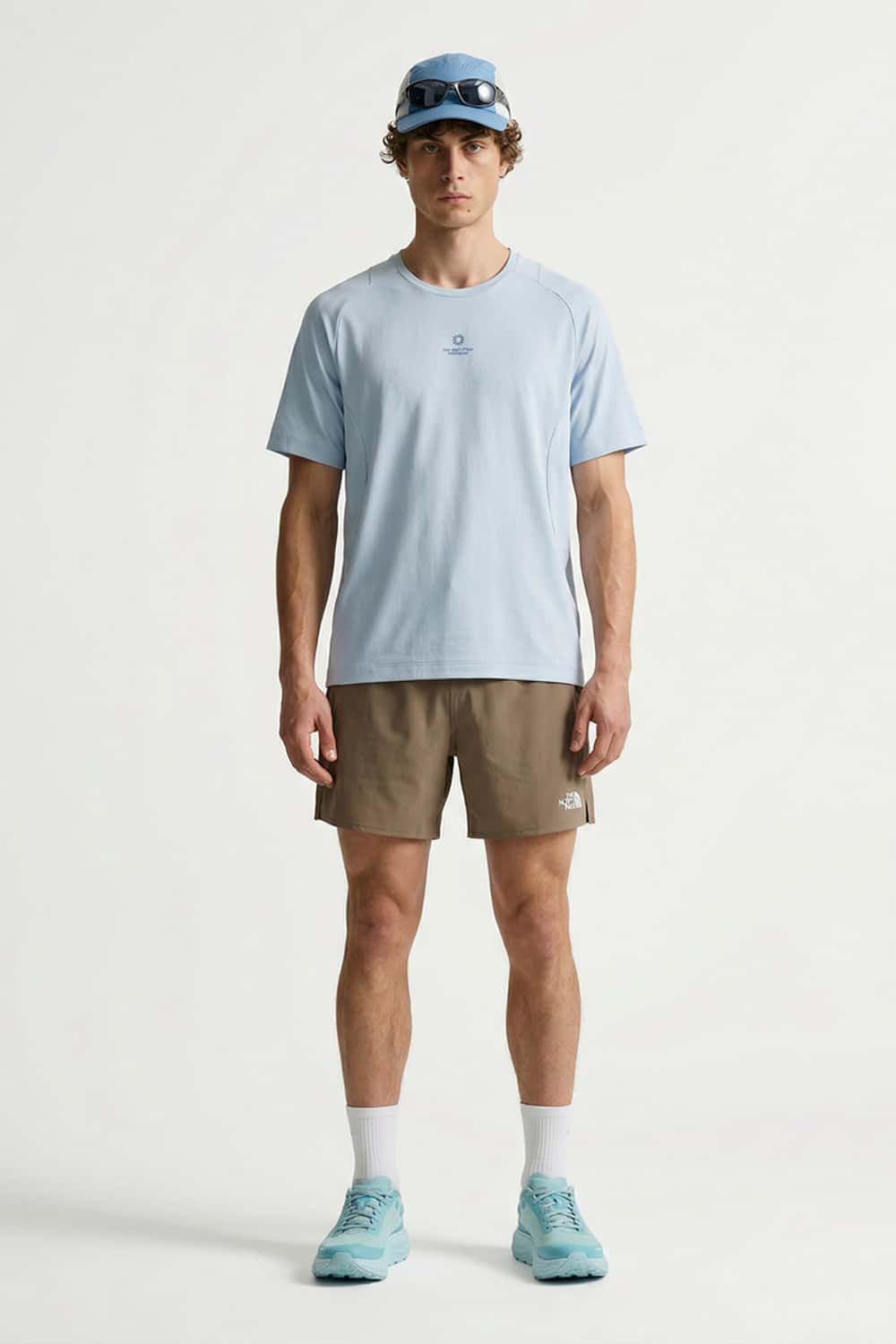 Moisture-Absorbing Quick-Drying Panelled T-Shirt in Baby Blue - full-length back modeled view