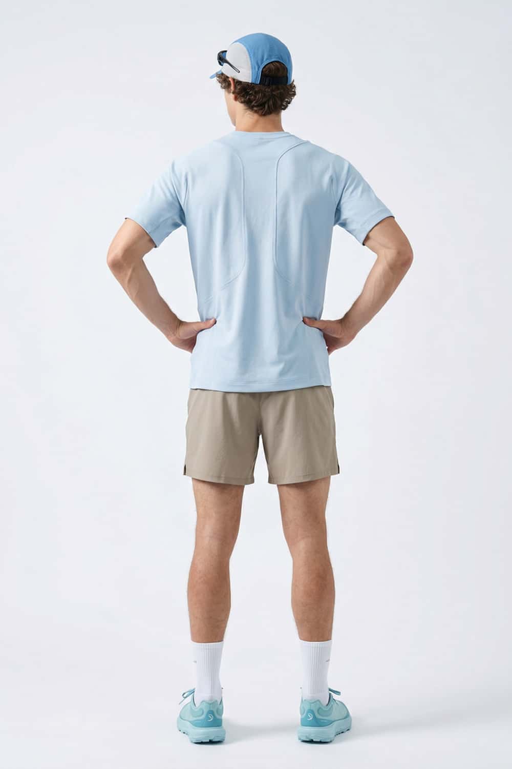 Moisture-Absorbing Quick-Drying Panelled T-Shirt in Baby Blue - full-length back modeled view