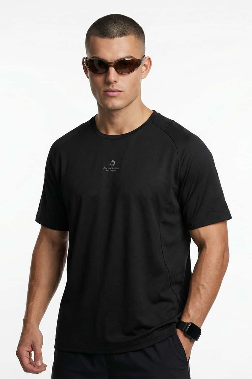 Moisture-Absorbing Quick-Drying Panelled T-Shirt in Black - full-length front modeled view