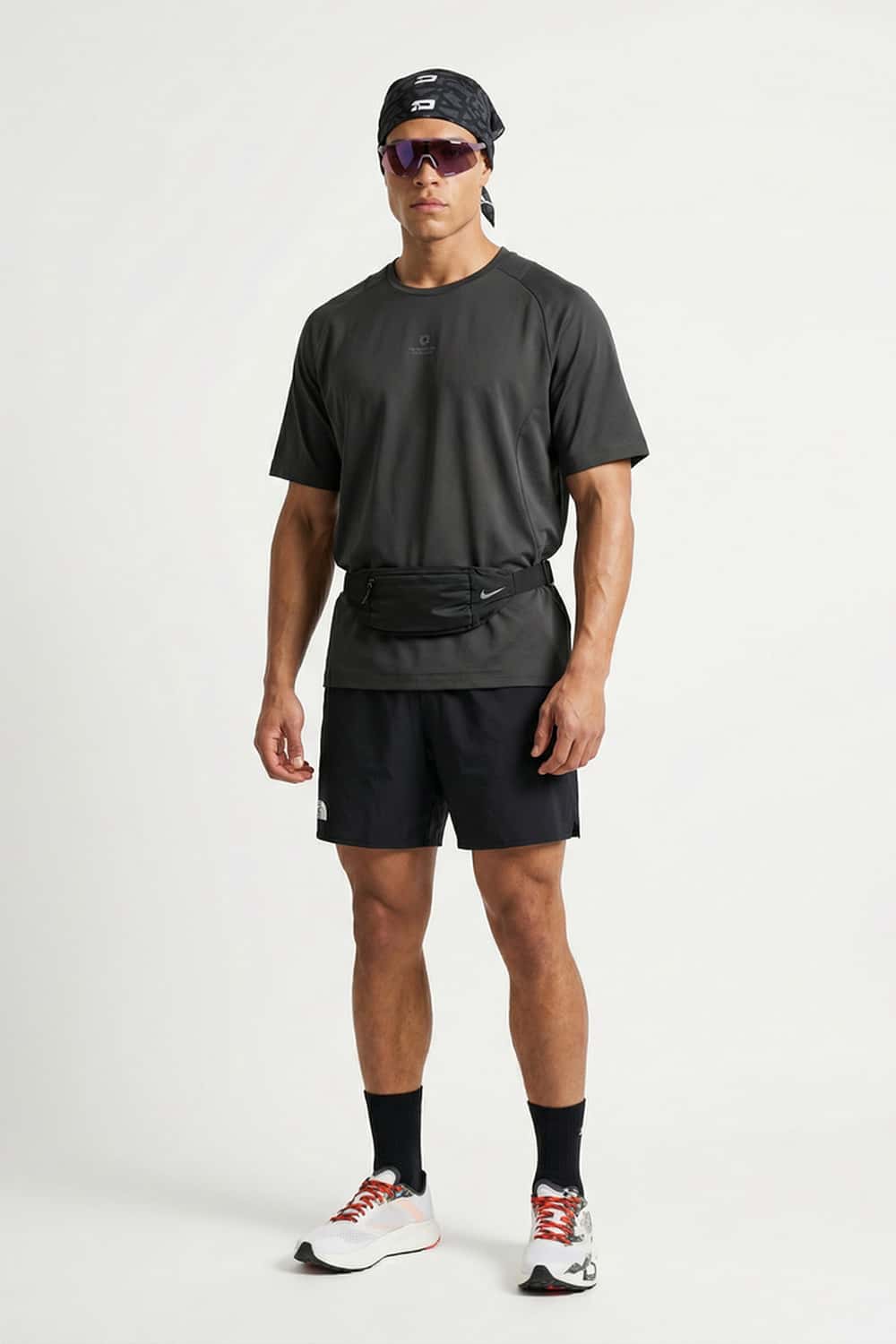 Moisture-Absorbing Quick-Drying Panelled T-Shirt in Gray - full-length front modeled view
