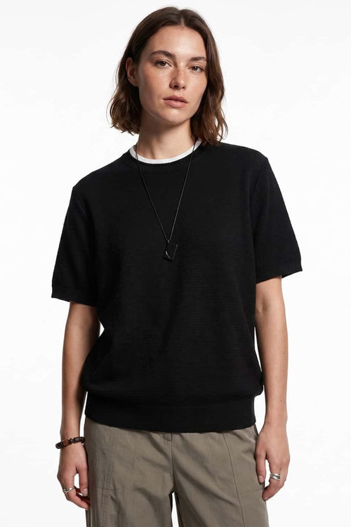 Layered-Look Crew-Neck Knit T-Shirt in Black - front modeled close-up
