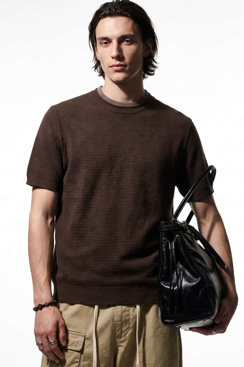 Layered-Look Crew-Neck Knit T-Shirt in Brown - front modeled close-up