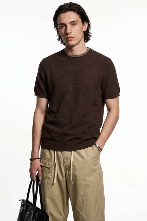 Layered-Look Crew-Neck Knit T-Shirt in Brown - front modeled close-up