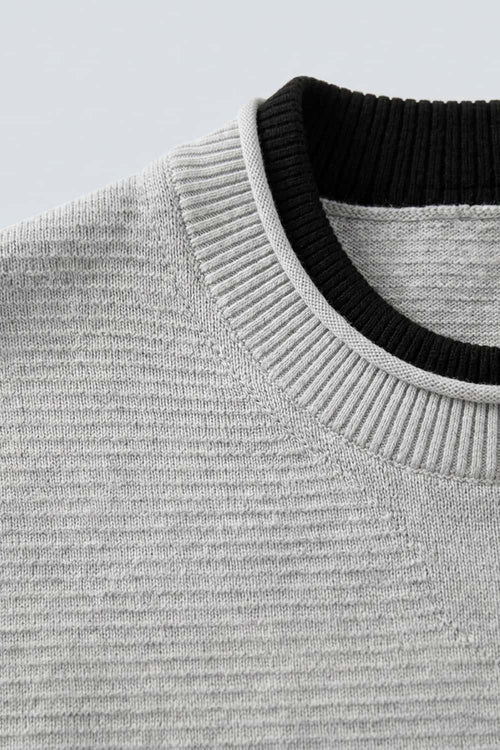Layered-Look Crew-Neck Knit T-Shirt in Gray - collar detail