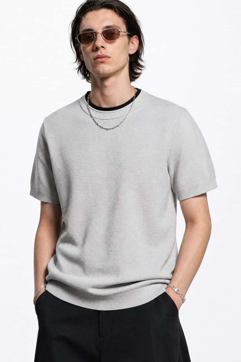 Layered-Look Crew-Neck Knit T-Shirt in Gray - front modeled close-up