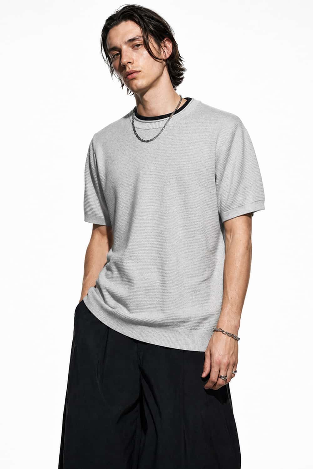 Layered-Look Crew-Neck Knit T-Shirt in Gray - three-quarter front modeled view