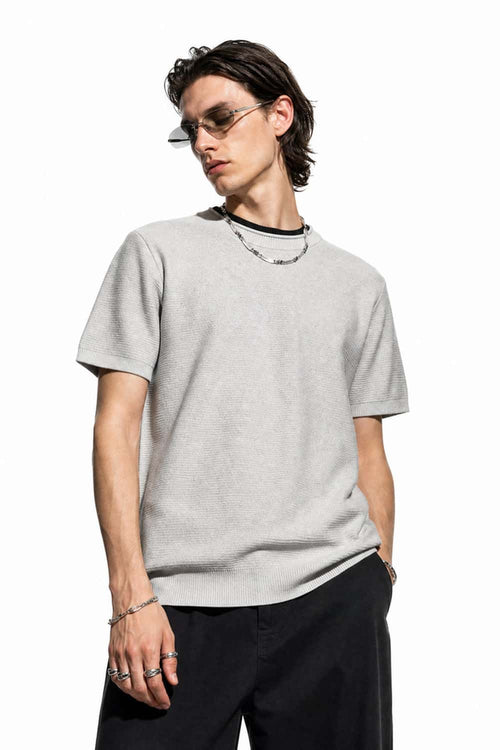 Layered-Look Crew-Neck Knit T-Shirt in Gray - front modeled close-up
