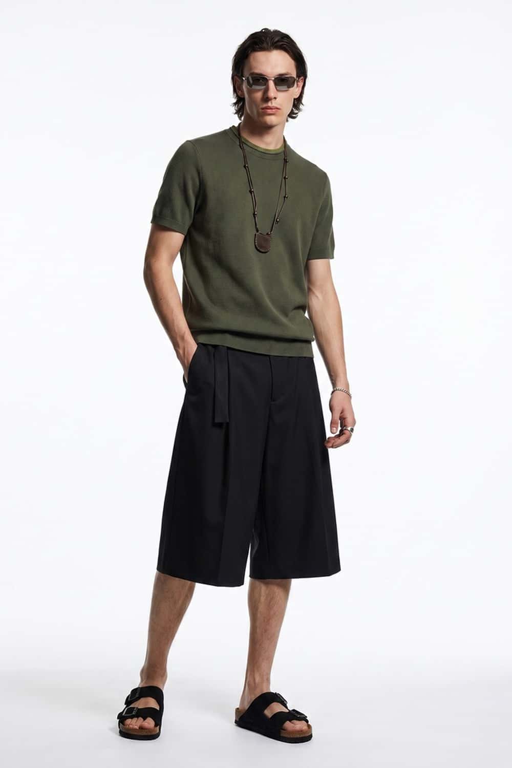 Layered-Look Crew-Neck Knit T-Shirt in Green - full-length front modeled view