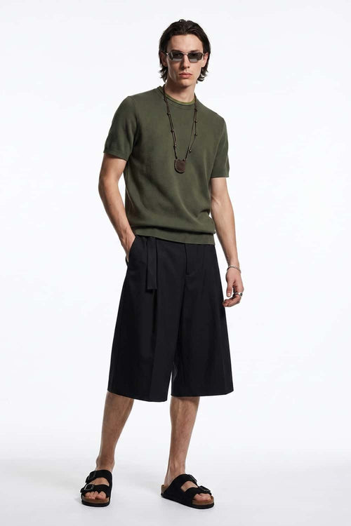 Layered-Look Crew-Neck Knit T-Shirt in Green - full-length front modeled view
