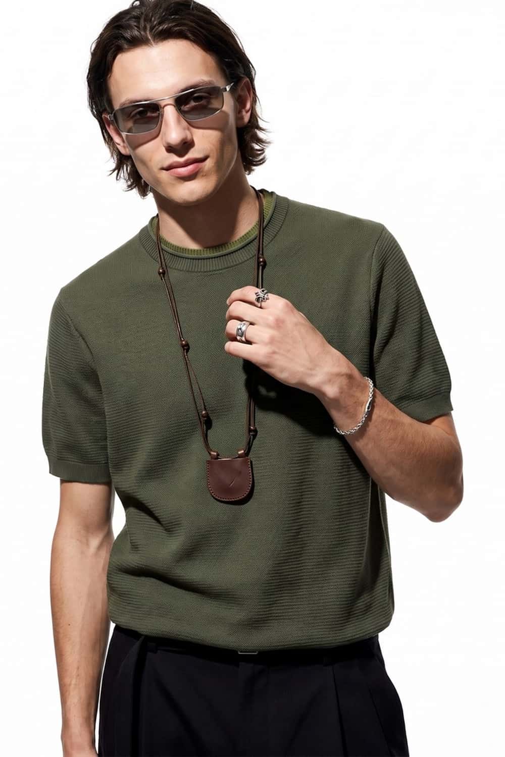 Layered-Look Crew-Neck Knit T-Shirt in Green - front modeled close-up