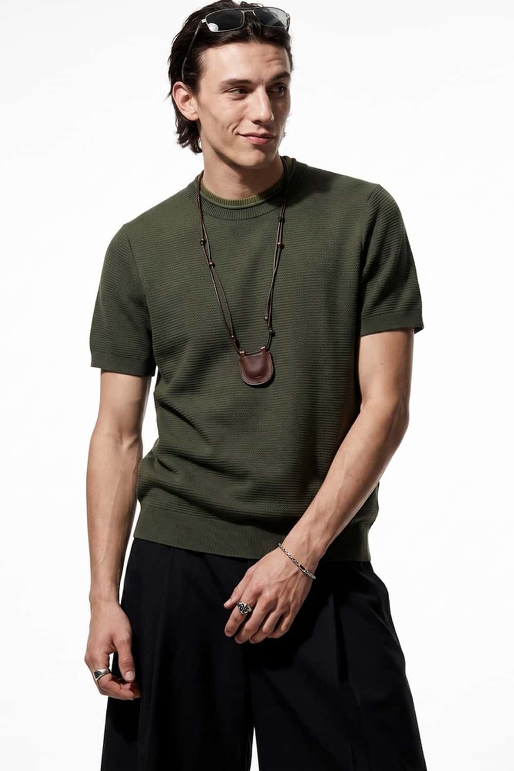 Layered-Look Crew-Neck Knit T-Shirt in Green - three-quarter front modeled view