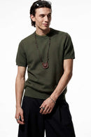 Layered-Look Crew-Neck Knit T-Shirt in Green - three-quarter front modeled view