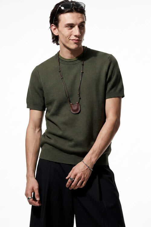 Layered-Look Crew-Neck Knit T-Shirt in Green - three-quarter front modeled view