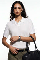 Relaxed Short-Sleeve Knit Polo Shirt in White - collar detail
