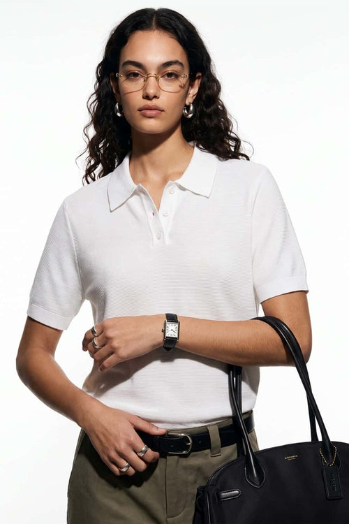 Relaxed Short-Sleeve Knit Polo Shirt in White - collar detail