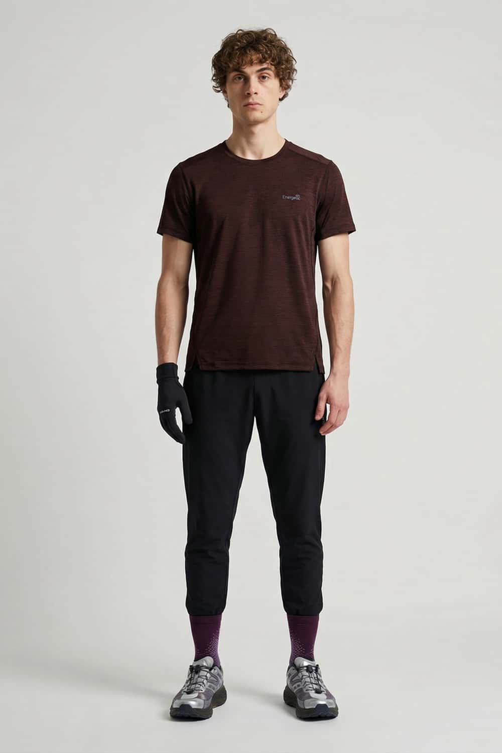 High-Stretch Quick-Drying Panelled T-Shirt in Brown - full-length front modeled view