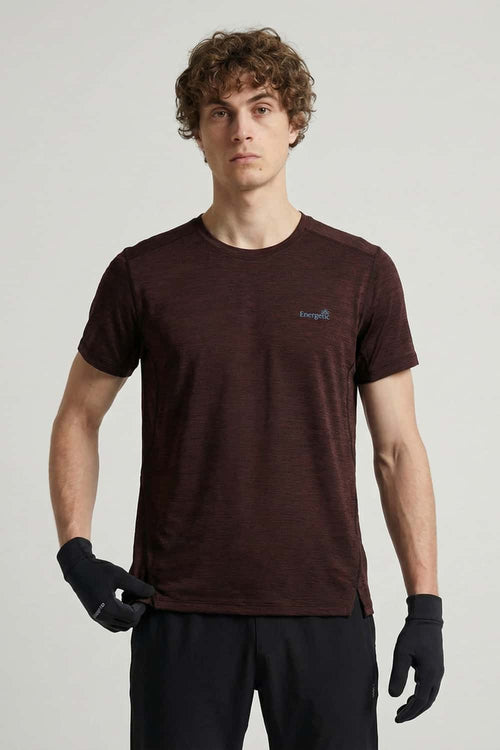 High-Stretch Quick-Drying Panelled T-Shirt in Brown - full-length front modeled view