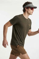 High-Stretch Quick-Drying Panelled T-Shirt in Trunk Brown - full-length front modeled view