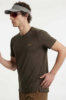 High-Stretch Quick-Drying Panelled T-Shirt in Trunk Brown - full-length front modeled view