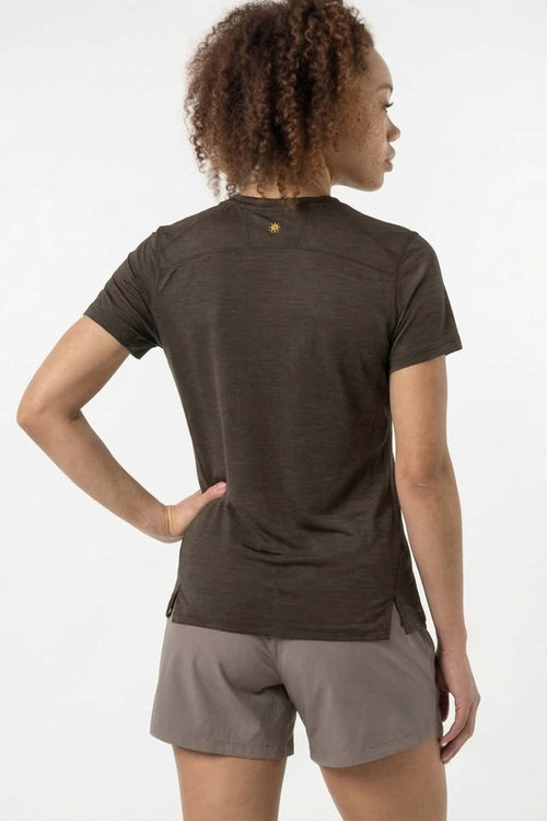 High-Stretch Quick-Drying Panelled T-Shirt in Trunk Brown - full-length back modeled view