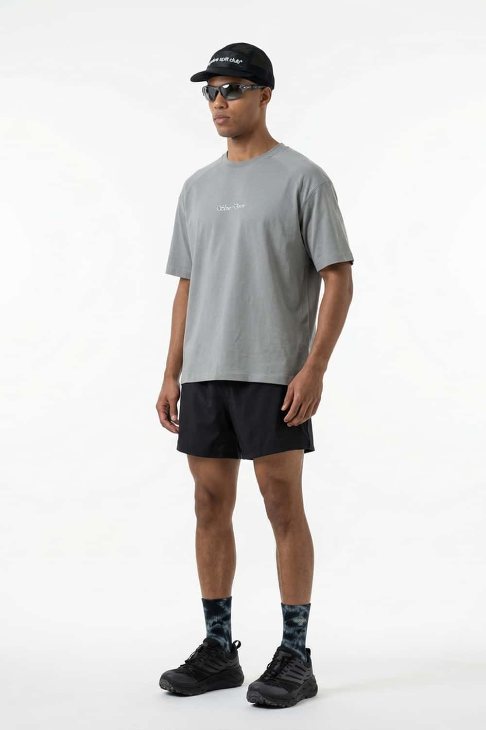Water-Reveal Slow Down Graphic T-Shirt in Stone Gray - full-length front modeled view
