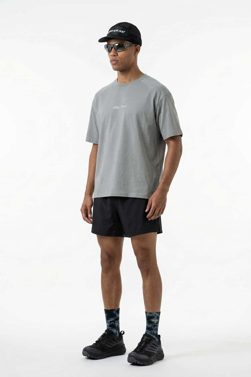 Water-Reveal Slow Down Graphic T-Shirt in Stone Gray - full-length front modeled view