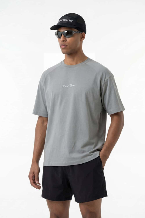 Water-Reveal Slow Down Graphic T-Shirt in Stone Gray - front modeled close-up