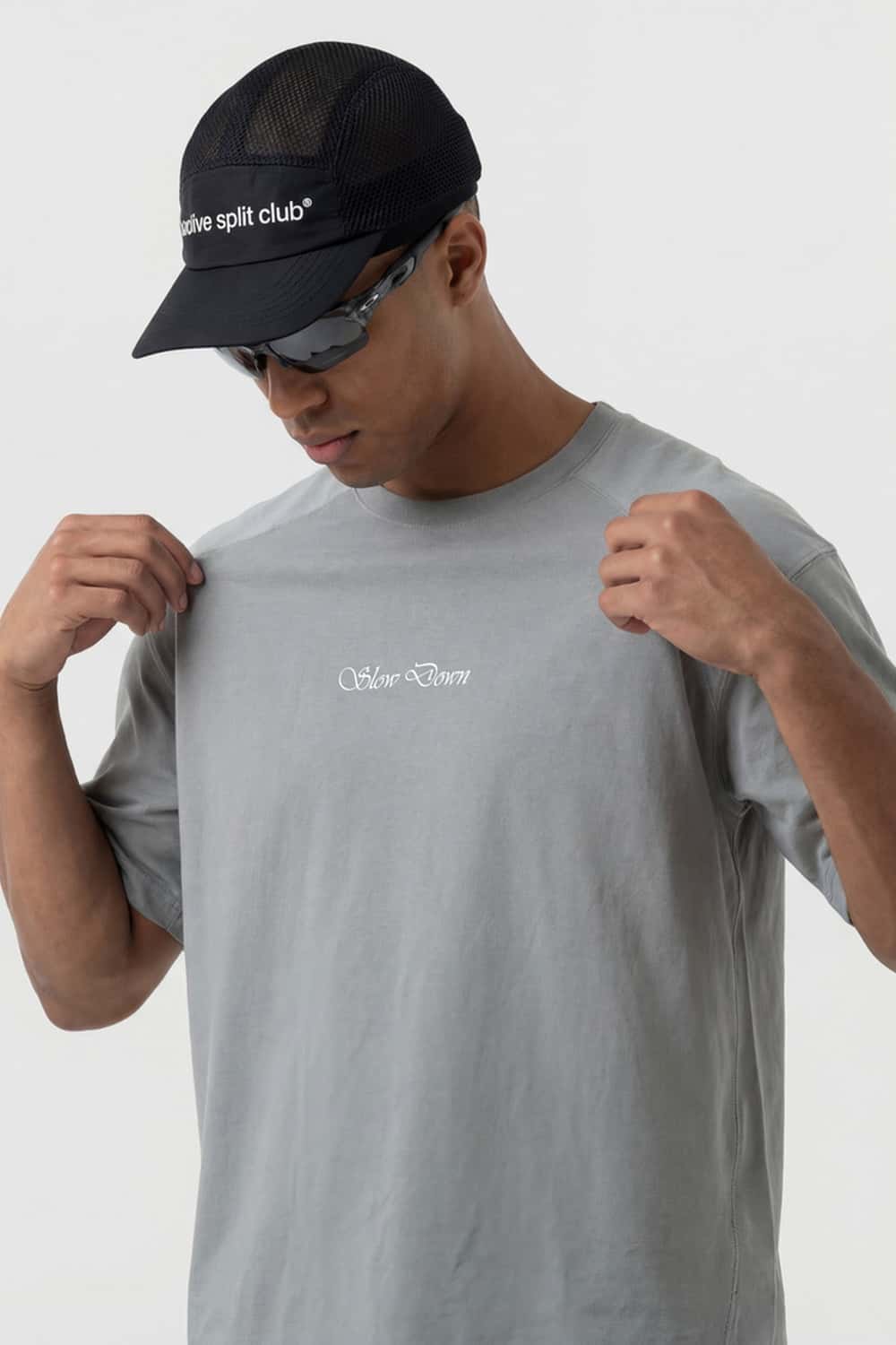 Water-Reveal Slow Down Graphic T-Shirt in Stone Gray - front modeled view