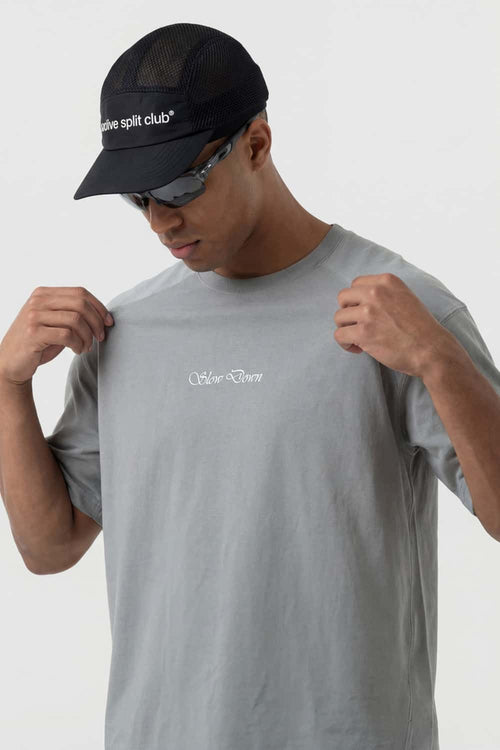 Water-Reveal Slow Down Graphic T-Shirt in Stone Gray - front modeled view