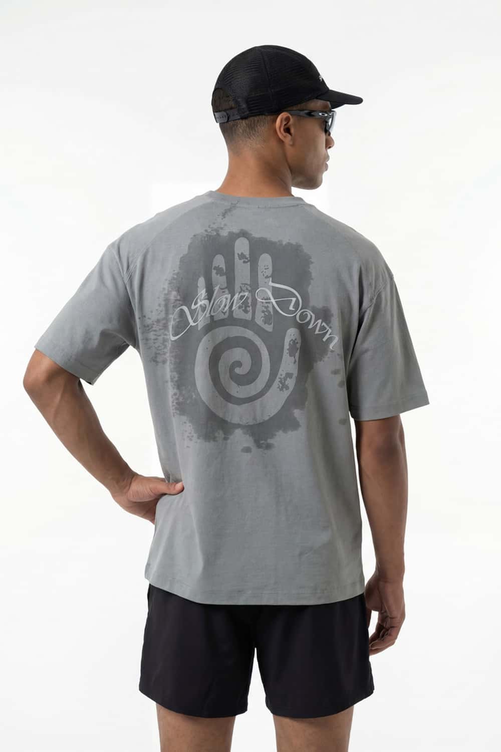 Water-Reveal Slow Down Graphic T-Shirt in Stone Gray - full-length back modeled view