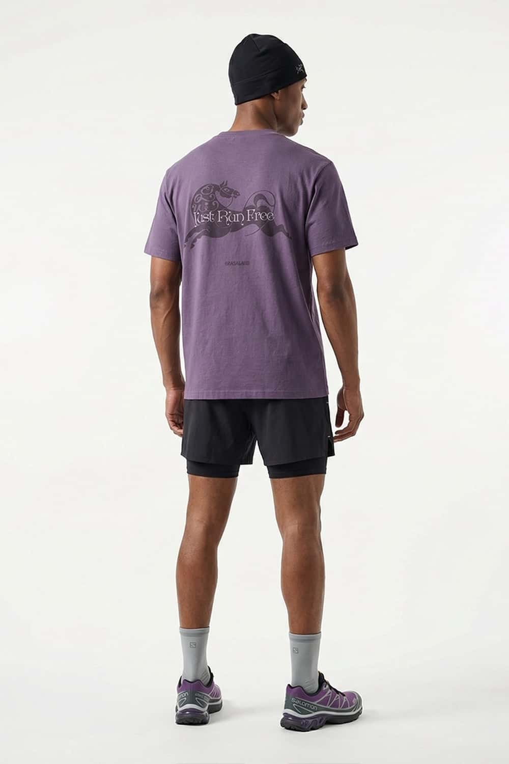 Cool-Touch Sun-Protective Graphic T-Shirt in Grayish Purple - full-length back modeled view
