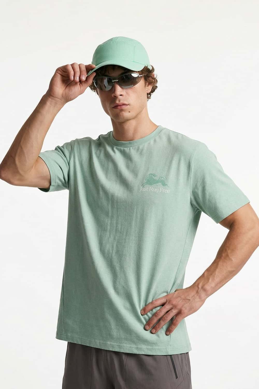 Cool-Touch Sun-Protective Graphic T-Shirt in Green - three-quarter front modeled view