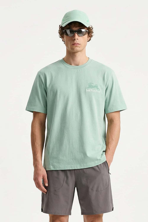 Cool-Touch Sun-Protective Graphic T-Shirt in Green - front modeled close-up