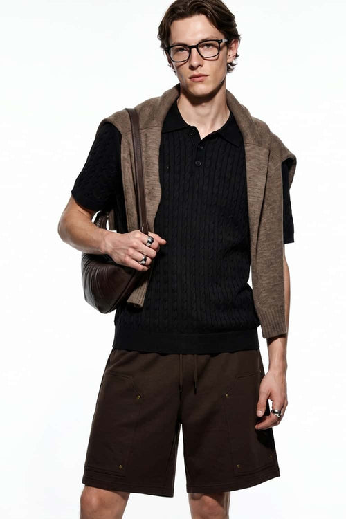 Lightweight Cable-Knit Polo Shirt in Black - full-length front modeled view
