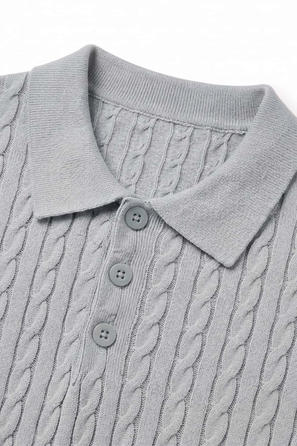 Lightweight Cable-Knit Polo Shirt in Gray - collar and placket close-up
