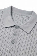 Lightweight Cable-Knit Polo Shirt in Gray - collar and placket close-up