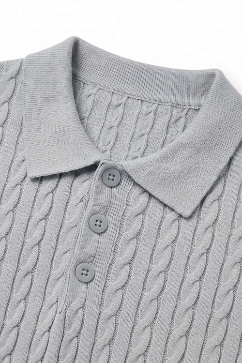 Lightweight Cable-Knit Polo Shirt in Gray - collar and placket close-up