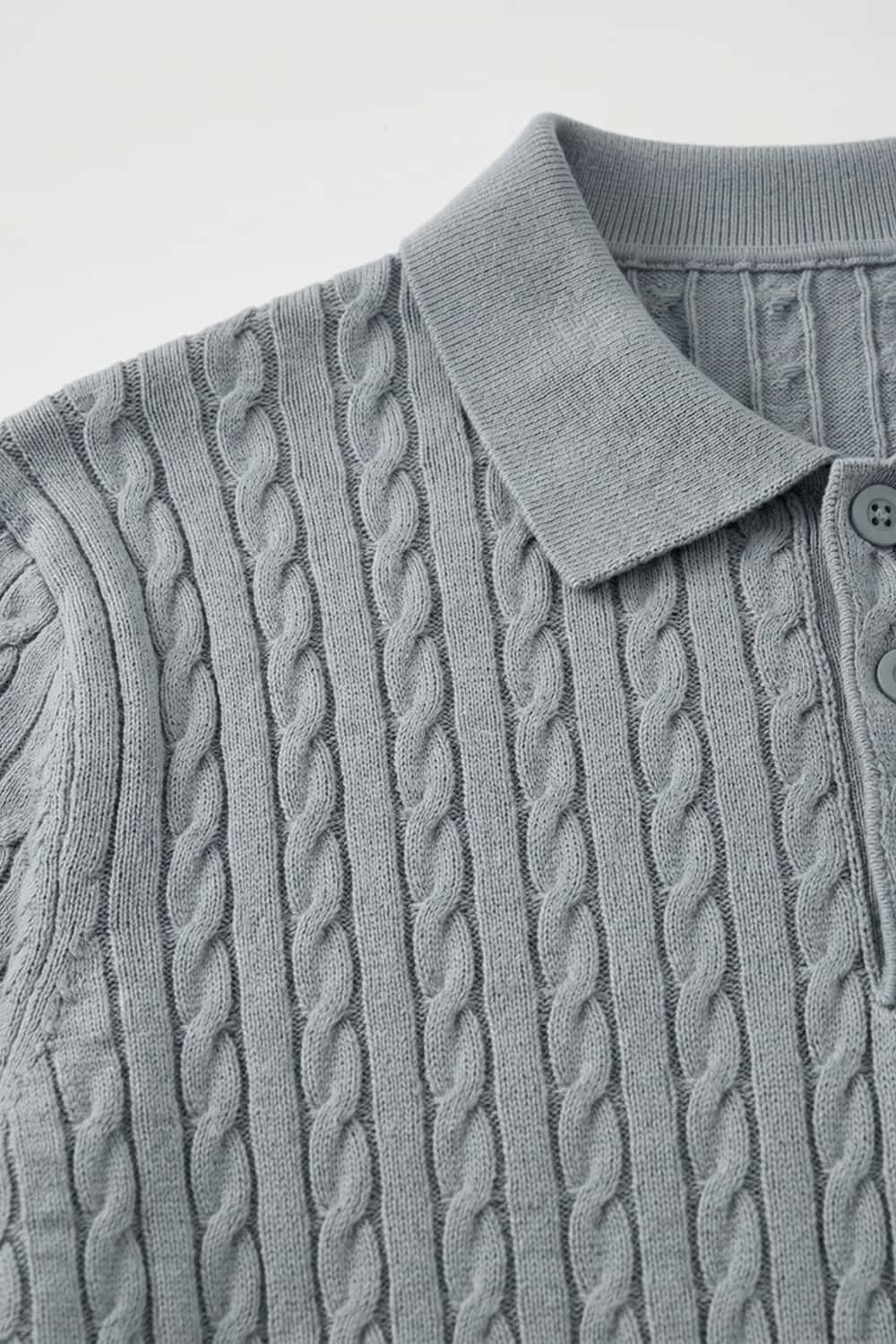 Lightweight Cable-Knit Polo Shirt in Gray - collar detail