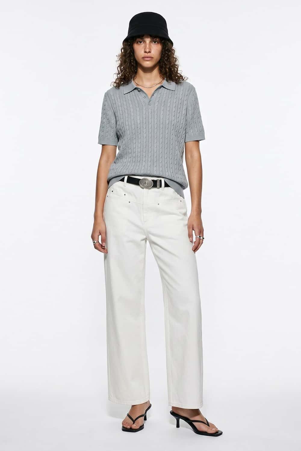 Lightweight Cable-Knit Polo Shirt in Gray - full-length front modeled view