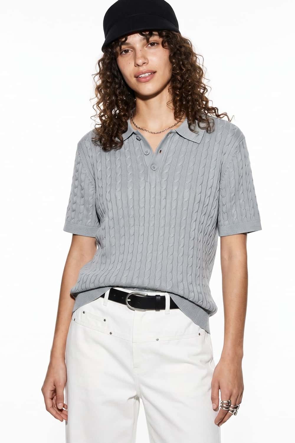 Lightweight Cable-Knit Polo Shirt in Gray - front modeled view