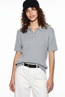 Lightweight Cable-Knit Polo Shirt in Gray - front modeled view
