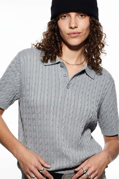 Lightweight Cable-Knit Polo Shirt in Gray - front modeled view
