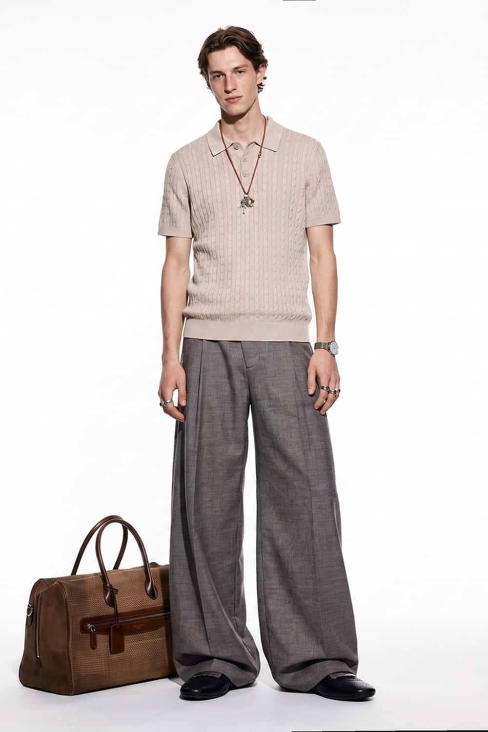 Lightweight Cable-Knit Polo Shirt in Light Gray - full-length front modeled view