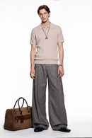Lightweight Cable-Knit Polo Shirt in Light Gray - full-length front modeled view