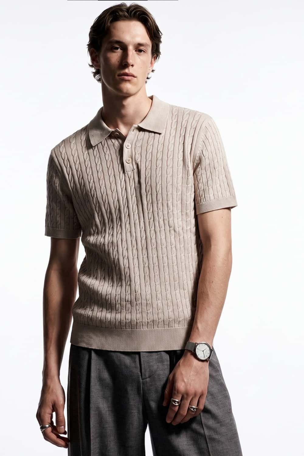 Lightweight Cable-Knit Polo Shirt in Light Gray - front modeled view