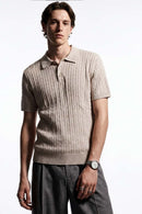Lightweight Cable-Knit Polo Shirt in Light Gray - front modeled view