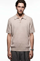 Lightweight Cable-Knit Polo Shirt in Light Gray - front modeled view