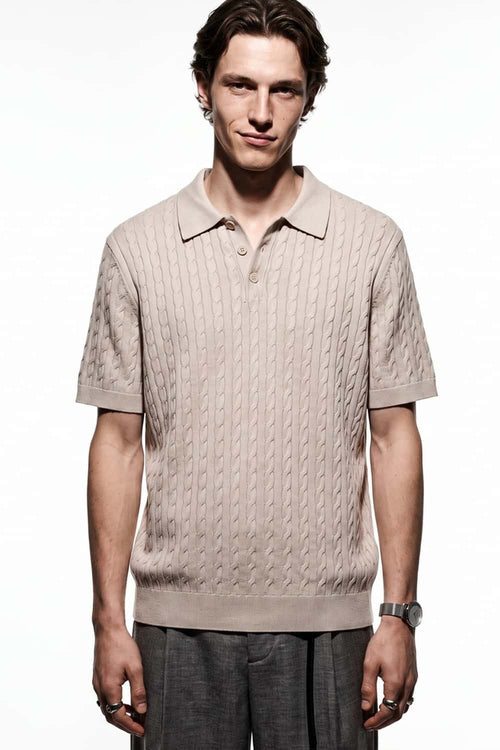 Lightweight Cable-Knit Polo Shirt in Light Gray - front modeled view